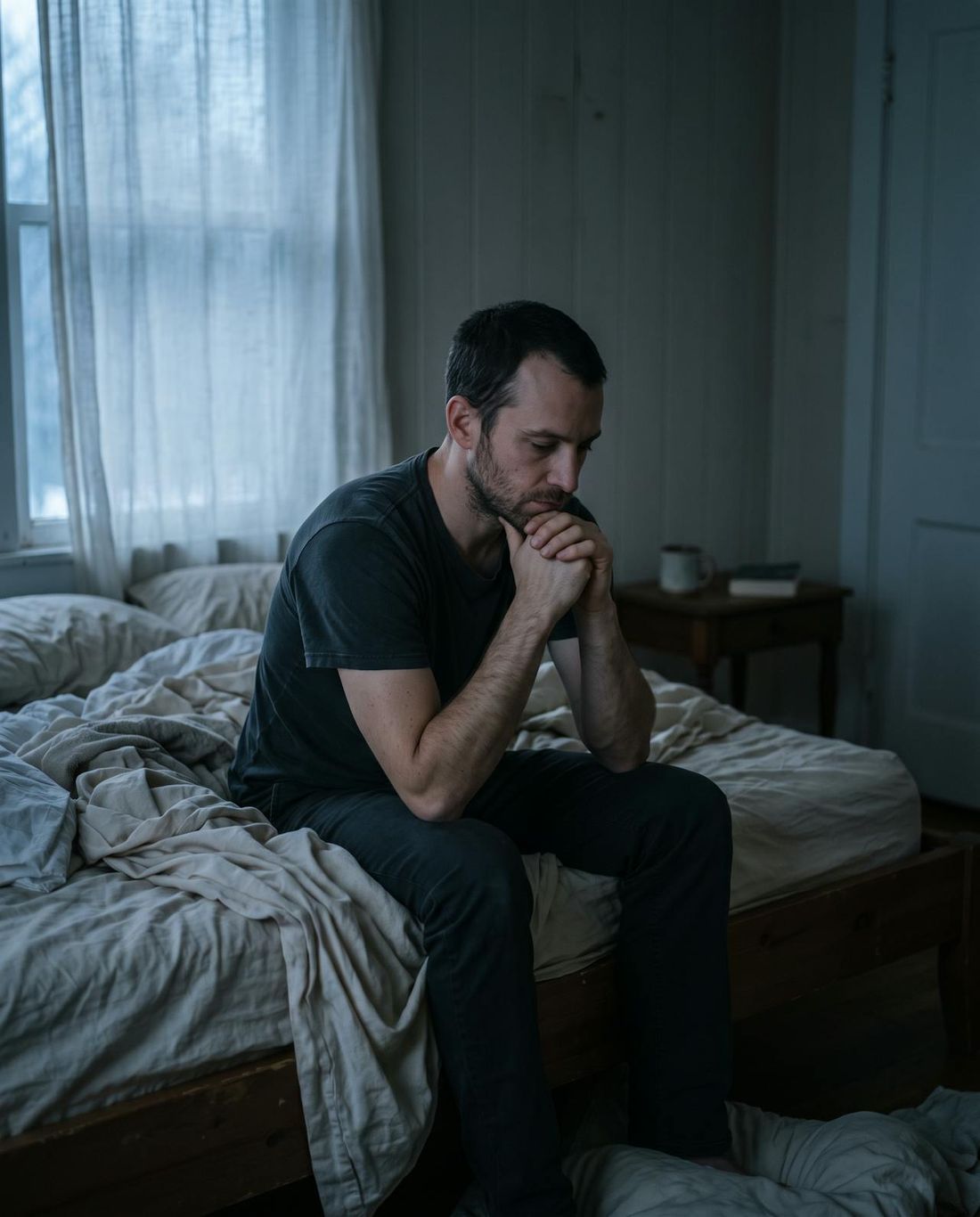 Hombre sentado al borde de la cama al amanecer